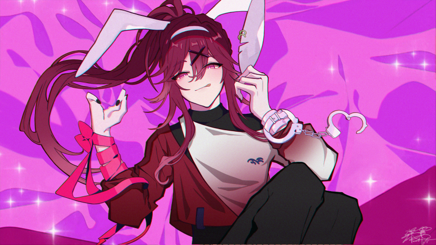 1boy, :q, absurdres, animal_ear_piercing, animal_ears, asymmetrical_clothes, bed_sheet, black_nails