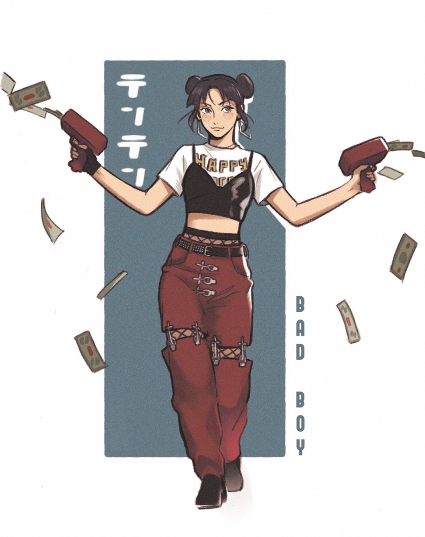 1girl, black_camisole, black_gloves, black_hair, black_shoes, brown_eyes, camisole, character_name