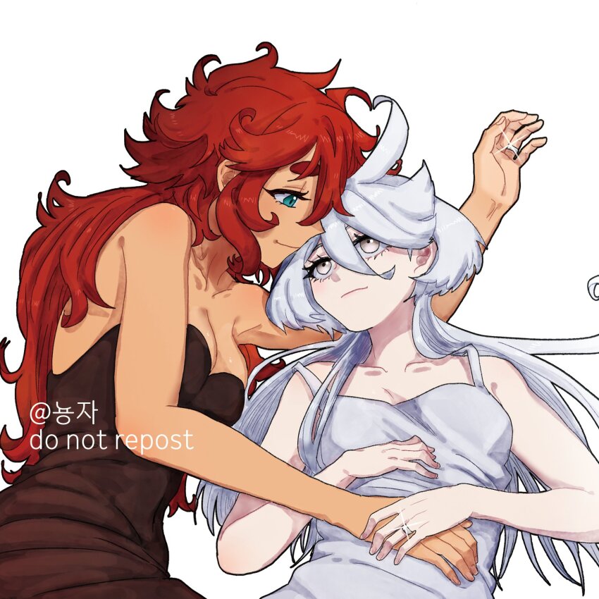 2girls, ahoge, artist_name, black_dress, blue_eyes, breasts, cleavage, dress