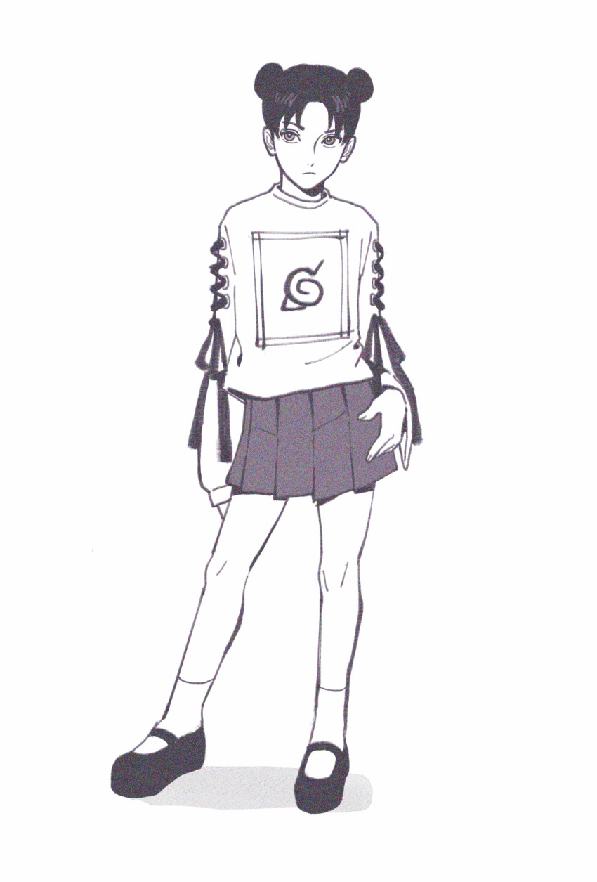 1girl, commentary, contrapposto, double_bun, english_commentary, frown, greyscale, hair_bun, hand_on_own_hip, highres, il1023il, konohagakure_symbol, miniskirt, monochrome, naruto_(classic), naruto_(series), pleated_skirt, skirt, socks, solo, tenten_(naruto)