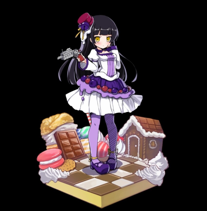 1girl, black_background, black_hair, blunt_bangs, blush, breasts, chocolate, cream