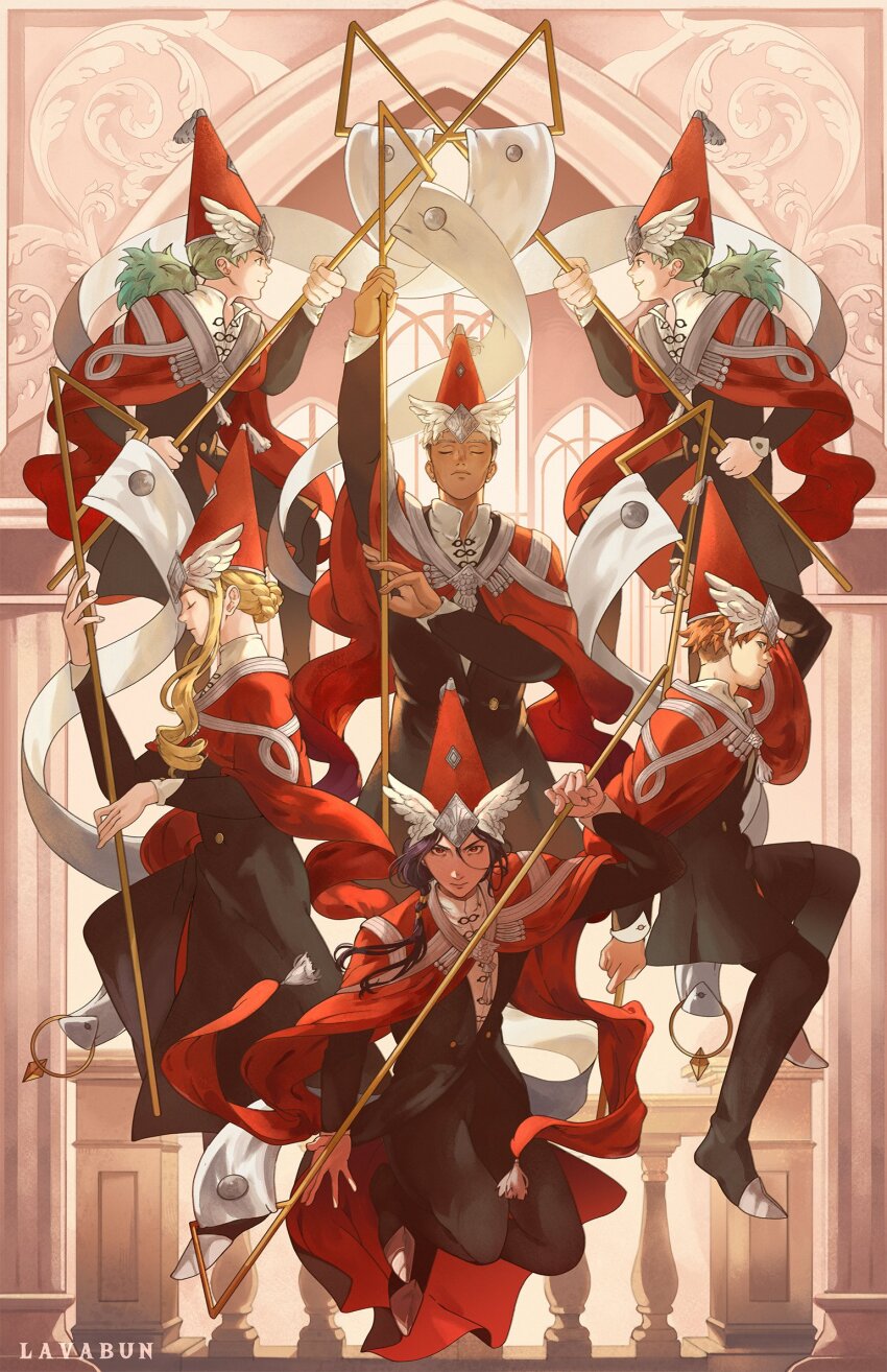 1girl, 5boys, black_hair, blonde_hair, brown_eyes, closed_mouth, dark-skinned_male, dark_skin