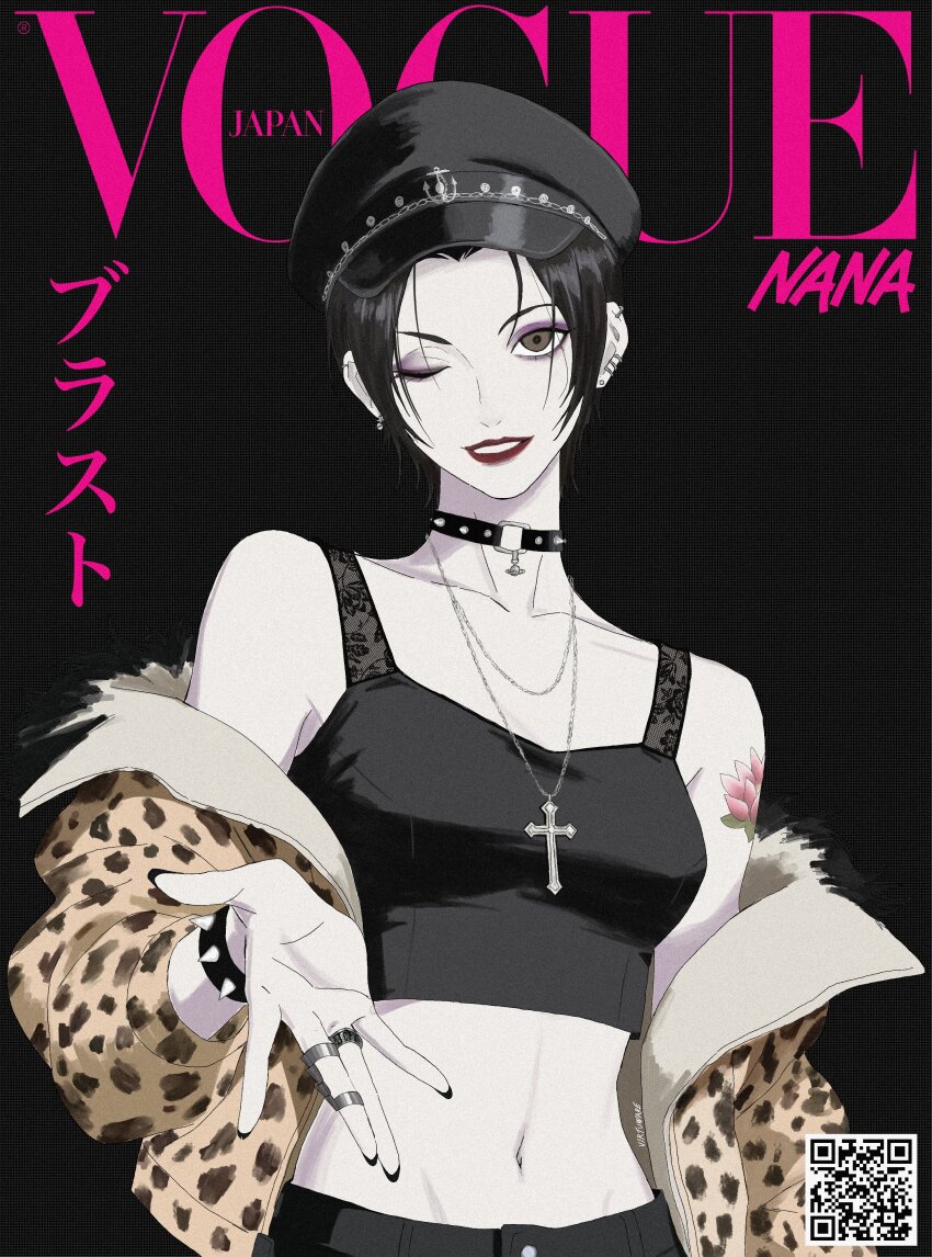 1girl, absurdres, animal_print, arm_tattoo, bare_shoulders, black_background, black_choker, black_hat