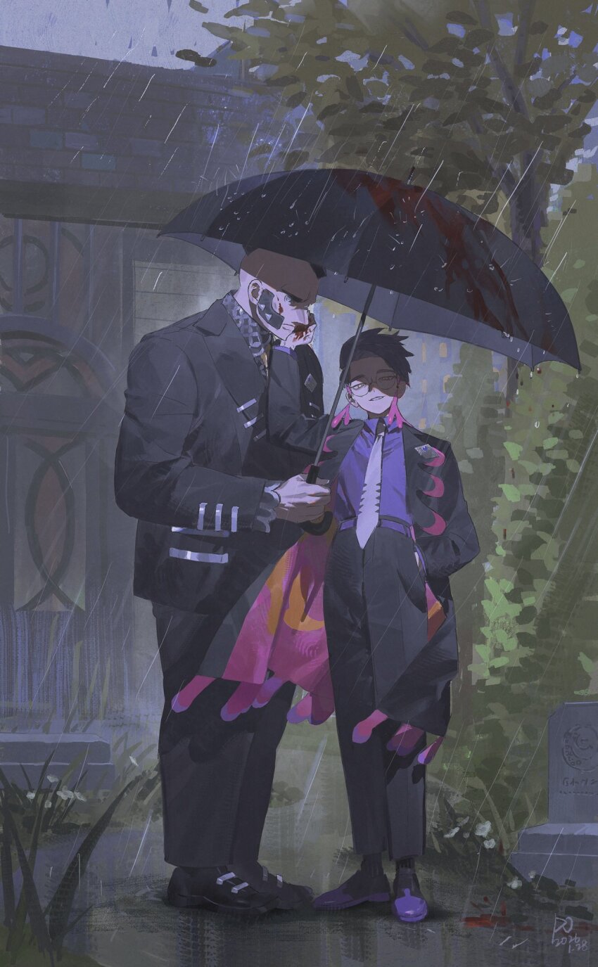 2boys, belt, black_belt, black_coat, black_jacket, black_pants, black_shoes, black_umbrella