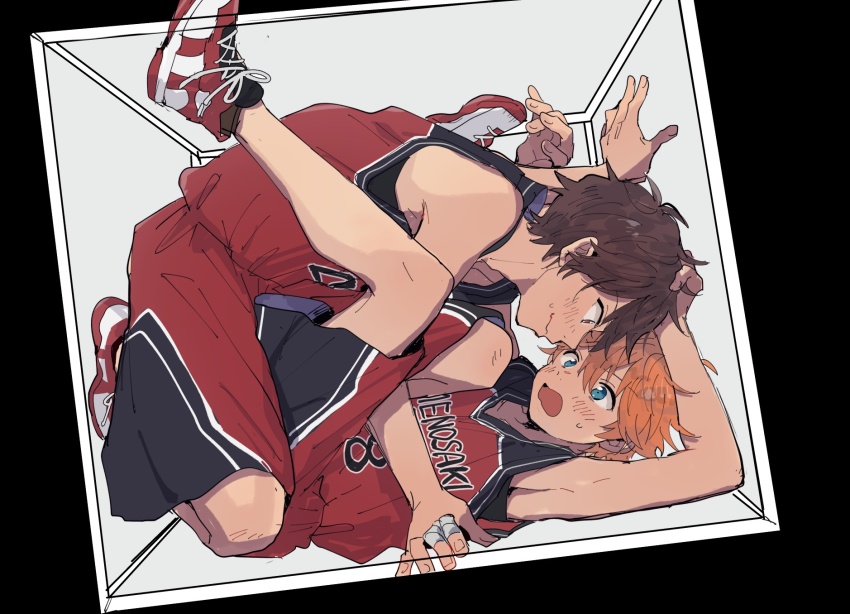 2boys, akehoshi_subaru, arms_up, bandaged_fingers, bandages, blue_eyes, blush, boy_on_top