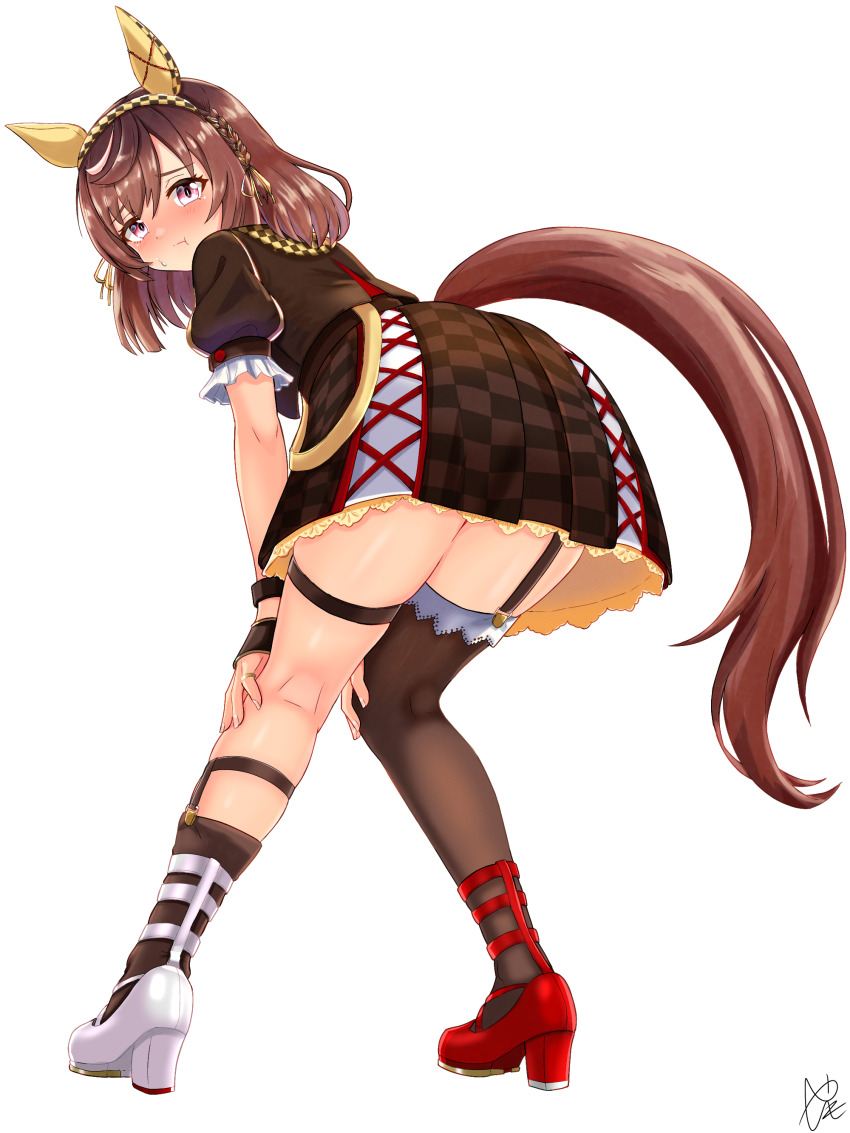 1girl, absurdres, animal_ears, ass, asymmetrical_footwear, asymmetrical_legwear, blush, braid, breasts, brown_hair, brown_jacket, brown_skirt, buena_vista_(heroina_inocente)_(umamusume), buena_vista_(umamusume), checkered_collar, checkered_hairband, closed_mouth, commentary_request, ear_covers, full_body, garter_straps, hair_between_eyes, hair_ornament, hairband, headband, highres, horse_ears, horse_girl, horse_tail, jacket, looking_at_viewer, looking_back, medium_hair, mismatched_footwear, pout, purple_eyes, short_sleeves, simple_background, single_thighhigh, skirt, solo, sweatdrop, tail, thigh_strap, thighhighs, umamusume, uneven_legwear, white_background, white_skirt, yashimo_1875