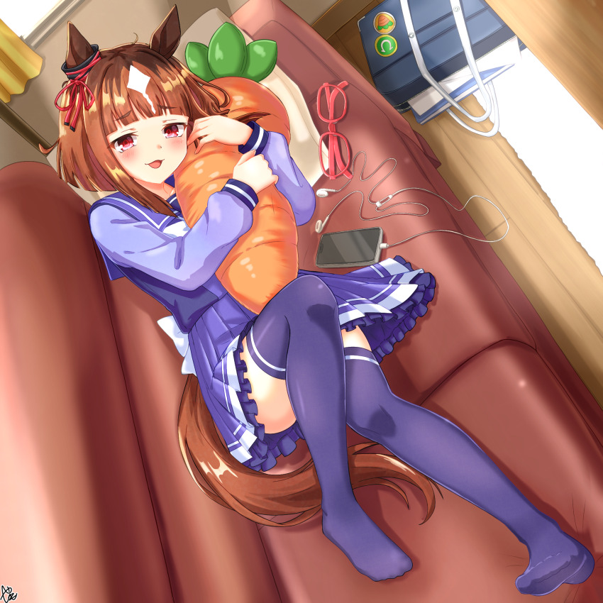 1girl, animal_ears, bag, blush, bow, bowtie, brown_hair, carrot-shaped_pillow