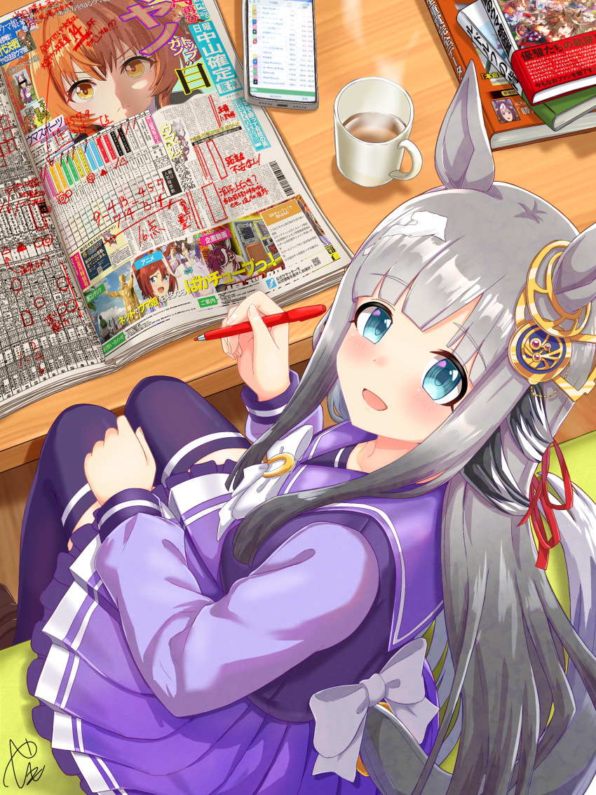 1girl, absurdres, animal_ears, blue_eyes, blunt_bangs, blush, book, book_stack