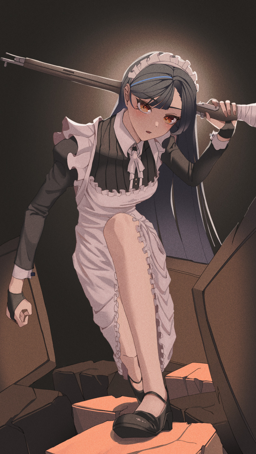 1girl, absurdres, apron, black_dress, black_gloves, black_hair, black_shoes, blue_hair