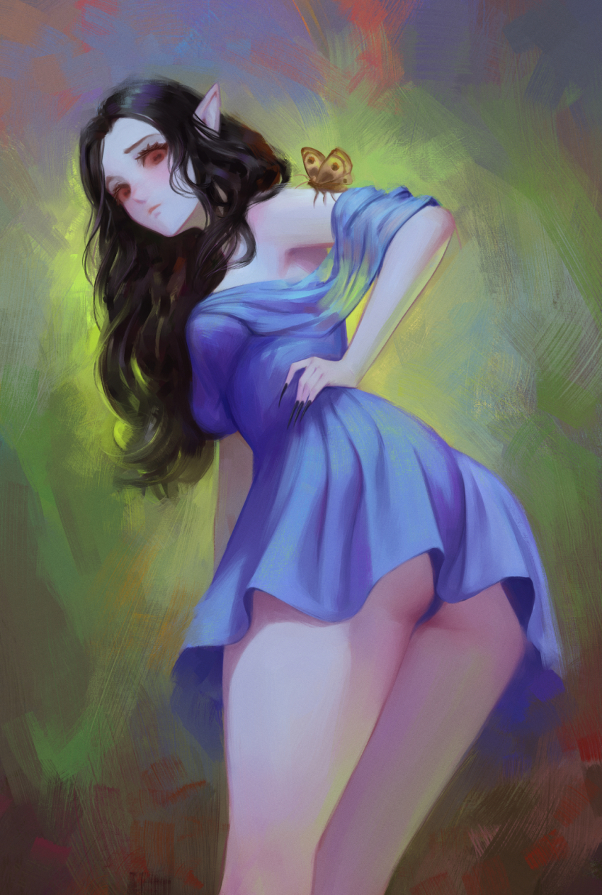 1girl, armpits, ass, black_hair, blue_dress, blue_panties, breasts, bug, butterfly, butterfly_on_arm, character_request, closed_mouth, commentary, dress, english_commentary, feet_out_of_frame, green_background, hand_on_own_hip, highres, insect, leaning_forward, long_hair, looking_at_viewer, looking_back, medium_breasts, painterly, panties, pointy_ears, red_eyes, shchrit, solo, standing, strapless, strapless_dress, the_elder_scrolls, turning_head, underwear, upskirt, vampire, variant_set
