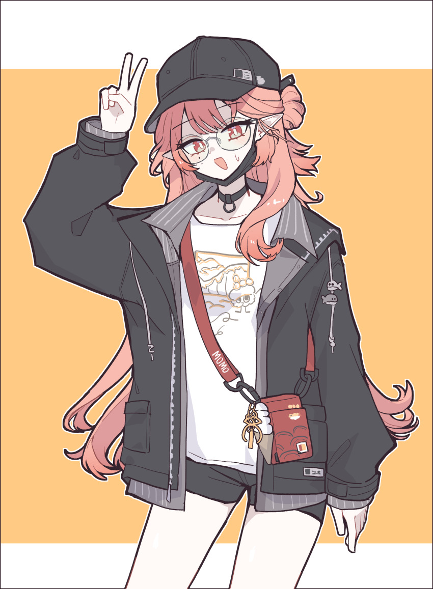 1girl, :d, absurdres, arknights, arm_at_side, black_choker, black_hat, black_jacket