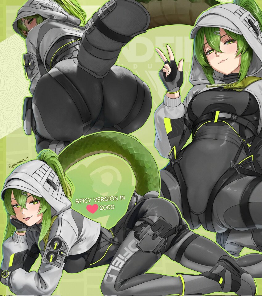 1girl, arknights, arknights:_endfield, ass, blush, bodysuit, commentary, crocodile_girl