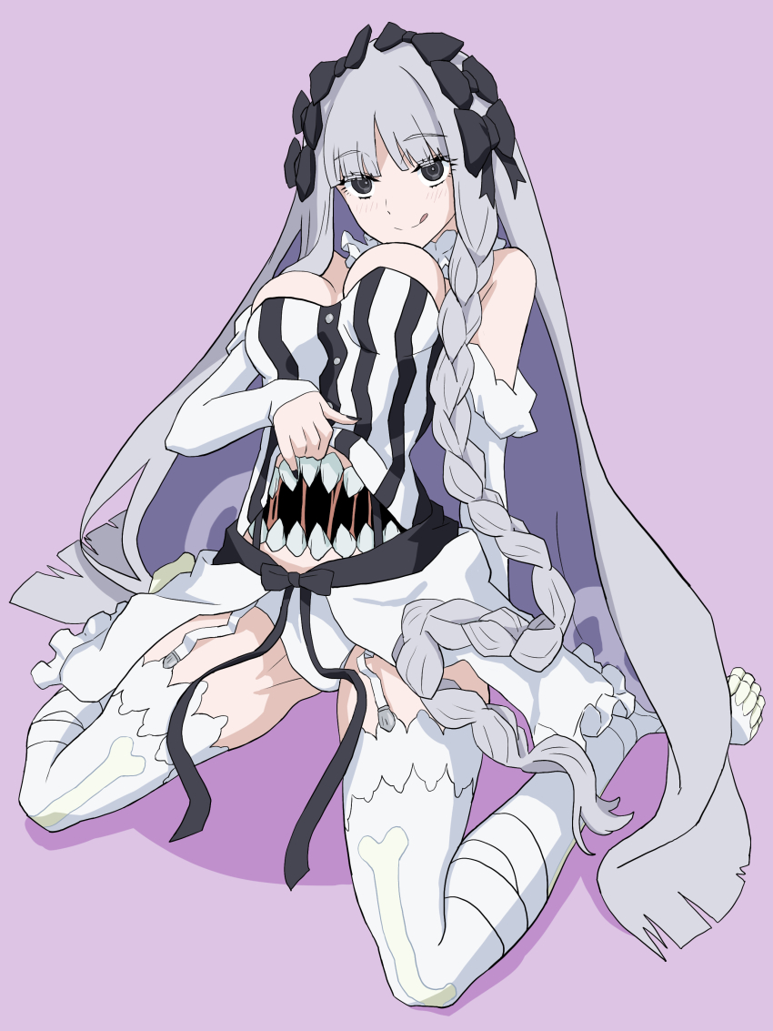 1girl, absurdres, bare_shoulders, black_bow, blunt_bangs, blush, bow, braid