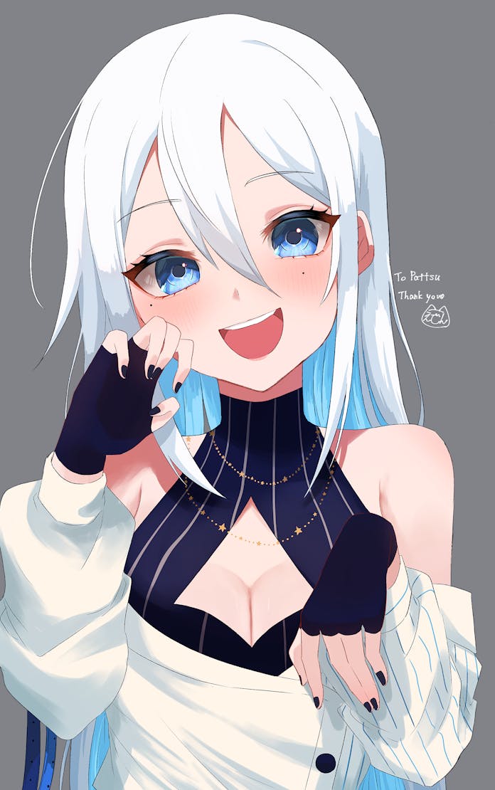 1girl, :d, asymmetrical_sleeves, bare_shoulders, black_gloves, black_nails, blue_eyes, blue_hair