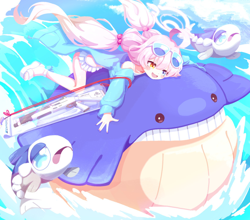 1girl, beretta_1301, blue_archive, blue_eyes, commentary_request, commission, crossover, eyewear_on_head, gen_3_pokemon, gen_7_pokemon, hair_bobbles, hair_ornament, halo, heterochromia, highres, hoshino_(blue_archive), looking_ahead, midriff, nintendo, open_mouth, orange_eyes, pleated_skirt, pokemon, pokemon_(creature), sandals, skirt, ttrtag, wailmer, white_skirt, wishiwashi, wishiwashi_(solo)