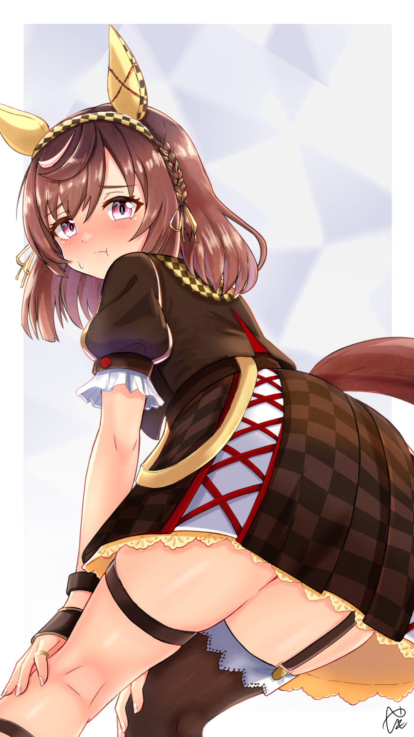 1girl, absurdres, animal_ears, ass, asymmetrical_footwear, asymmetrical_legwear, blush, braid