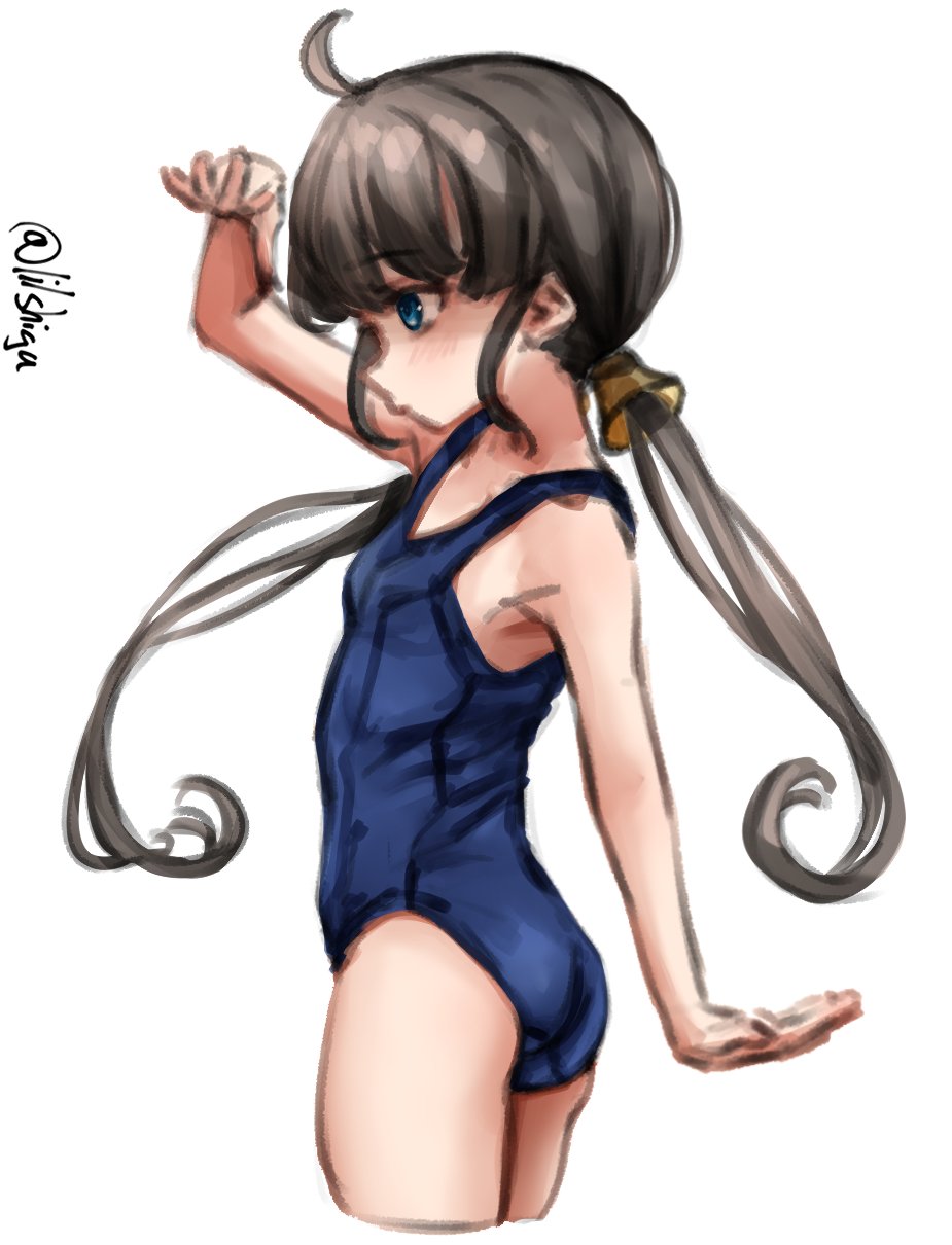 1girl, ahoge, ass, bell, black_hair, blue_eyes, blue_one-piece_swimsuit, breasts