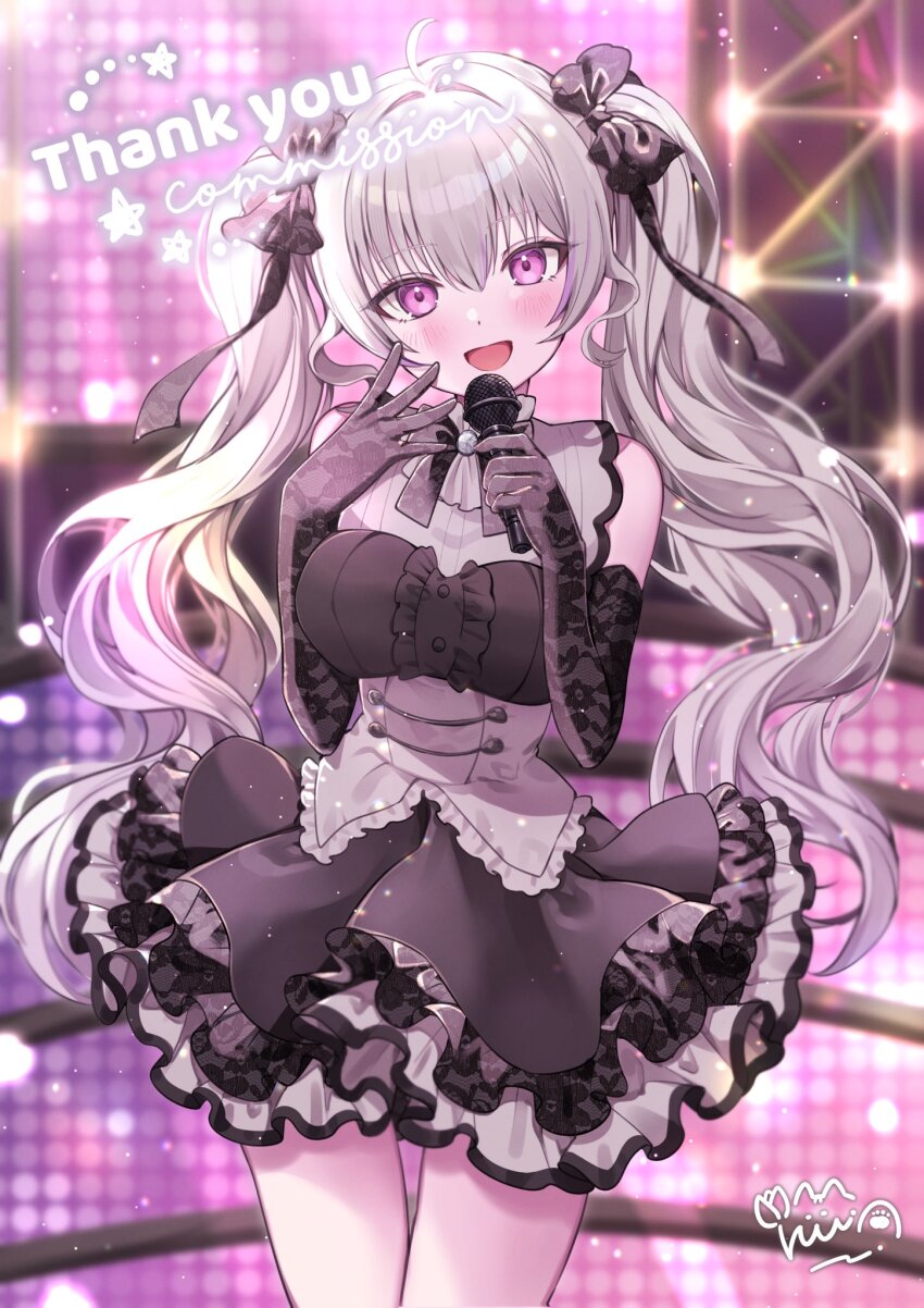 1girl, ahoge, black_bow, black_dress, black_gloves, black_skirt, bow, breasts, commentary, commission, cowboy_shot, dress, elbow_gloves, frilled_skirt, frills, gloves, gradient_hair, grey_dress, grey_hair, grey_skirt, hair_bow, highres, holding, holding_microphone, idol_clothes, indie_virtual_youtuber, lace, lace-trimmed_skirt, lace_gloves, lace_trim, matoi_roco, medium_breasts, microphone, multicolored_dress, multicolored_hair, multicolored_skirt, multiple_hair_bows, open_mouth, pink_eyes, purple_hair, ruu_hh, skeb_commission, skirt, sleeveless, sleeveless_dress, solo, stage, untranslatable_commentary, thank_you, twintails, virtual_youtuber