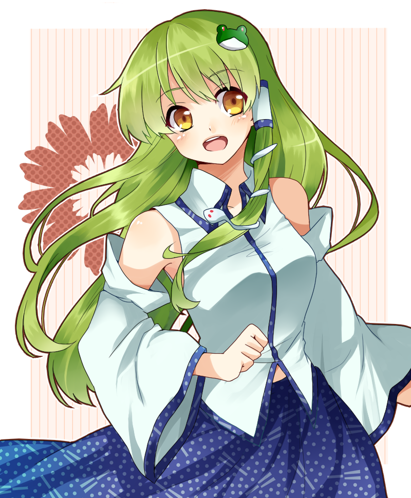 1girl, detached_sleeves, female_focus, frog, green_hair, hair_ornament, hair_tubes, kochiya_sanae
