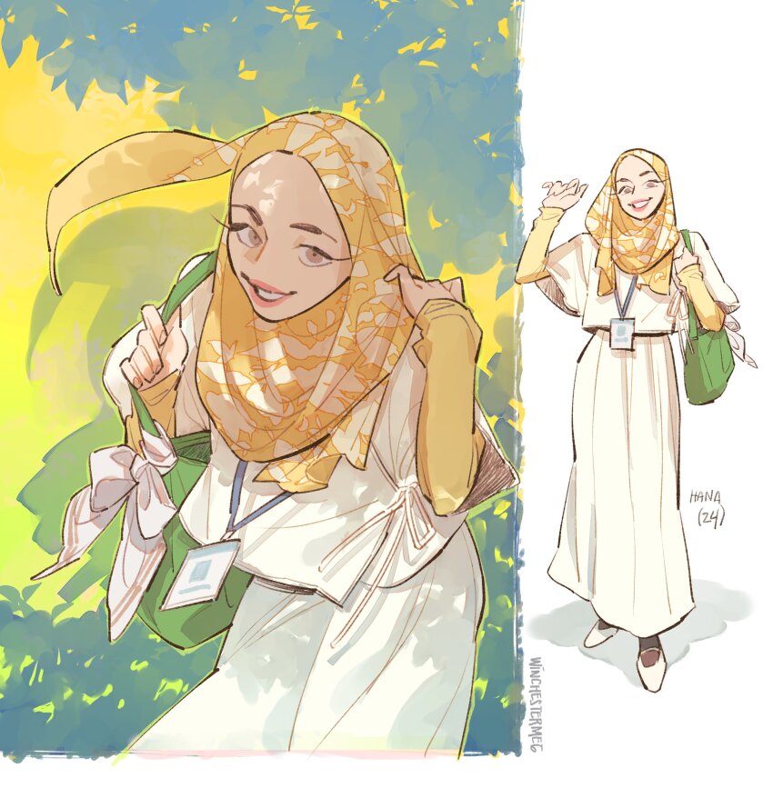 1girl, absurdres, artist_name, black_pantyhose, brown_eyes, commentary, dress, english_commentary