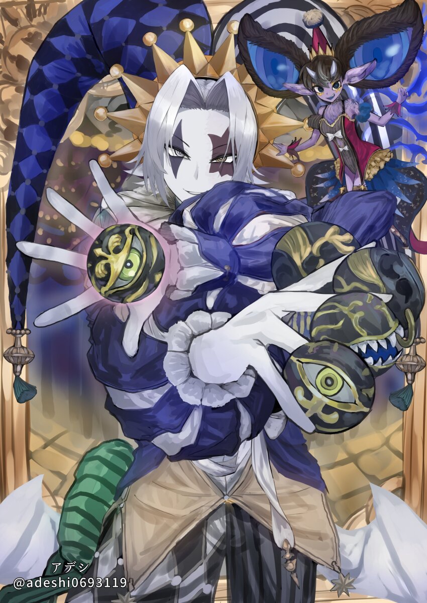 absurdres, adeshi_(adeshi0693119), black_pants, blue_jacket, character_request, clown, clown_crew_biancaviso, colored_skin