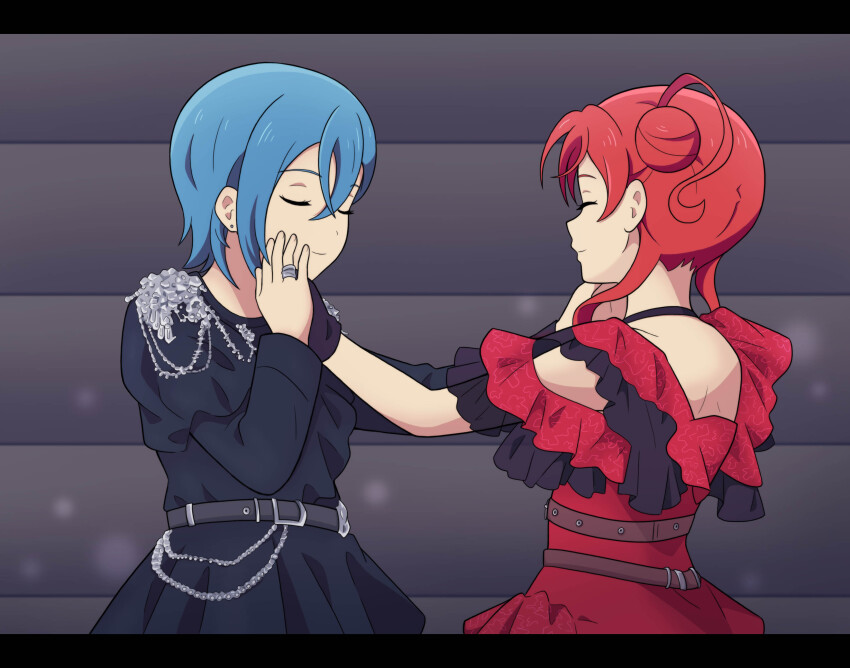 2girls, absurdres, belt, black_choker, black_gloves, blue_hair, choker, closed_eyes, closed_mouth, commentary, crossed_bangs, earrings, facing_another, glass_ball_rejection, gloves, hair_bun, hand_on_another's_face, hand_up, highres, jewelry, letterboxed, liella!_unit_live_&amp;_fan_meeting_tour:_music-talk-teamwork!_prime_adventure!!, long_sleeves, love_live!, love_live!_superstar!!, multiple_girls, official_alternate_costume, photo-referenced, red_hair, ring, short_hair_with_long_locks, smile, upper_body, wakana_shiki, ykareti_fanart, yoneme_mei, yuri