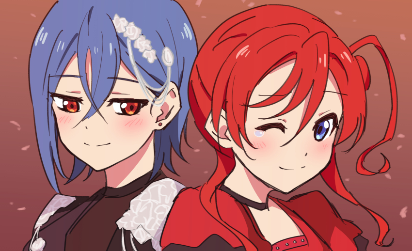 2girls, akane_gokoro, black_choker, blue_eyes, blue_hair, choker, closed_mouth, commentary