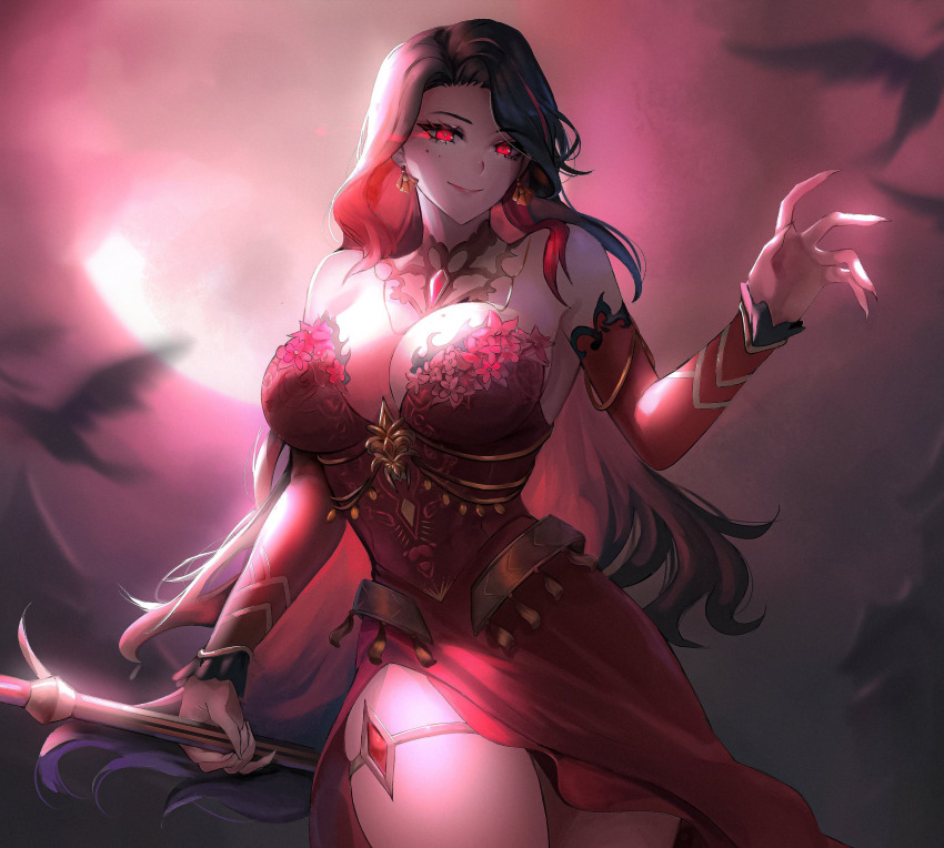 1girl, artist_name, black_hair, breasts, cowboy_shot, dark-skinned_female, dark_skin, detached_sleeves