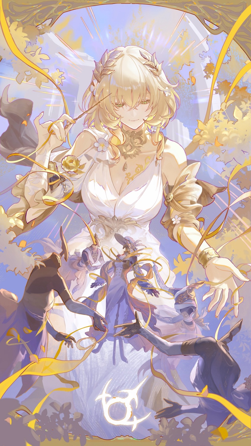 1girl, absurdres, achyue, aglaea_(honkai:_star_rail), aglaea_(oatmeal)_(honkai:_star_rail), blonde_hair, bracelet, breasts, chest_tattoo, chinese_commentary, cleavage, commentary_request, dress, floral_print, flower, garmentmaker_(honkai:_star_rail), gold_necklace, greco-roman_clothes, green_eyes, hair_flower, hair_ornament, highres, honkai:_star_rail, honkai_(series), jewelry, large_breasts, laurel_crown, leaf, light_smile, mannequin, medium_hair, memosprite, necklace, ribbon, tattoo, thread, white_flower