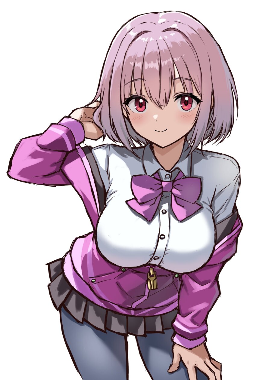 1girl, black_pantyhose, black_skirt, blush, breasts, closed_mouth, commentary_request, cowboy_shot