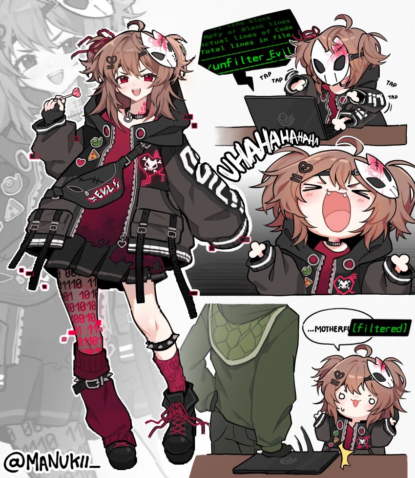>_<, 1boy, 1girl, :3, :d, ahoge, alternate_costume, ankle_boots, asymmetrical_legwear, bag, belted_leg_warmers, binary, black_boots, black_choker, black_gloves, black_jacket, black_pants, black_skirt, blank_eyes, blood_on_mask, blush, boots, broken_heart, broken_heart_hair_ornament, brown_hair, candy, censored_profanity, character_name, chibi, choker, clothes_writing, computer, crossbody_bag, evil_neuro-sama, fangs, fashion, fingerless_gloves, food, full_body, glitch, gloves, gradient_clothes, gradient_shirt, green_hoodie, hacking, hair_between_eyes, hair_ornament, hair_ribbon, hand_on_own_hip, hands_up, heart, heart-shaped_food, heart-shaped_lollipop, heart_zipper, highres, holding, holding_candy, holding_food, holding_lollipop, hood, hooded_jacket, hoodie, jacket, lace-up_boots, laptop, laughing, leg_belt, leg_warmers, light_blush, lollipop, long_hair, long_sleeves, looking_at_viewer, manukii, mask, mask_on_head, miniskirt, motion_lines, multiple_views, neck_tattoo, neuro-sama, nose_blush, o-ring, o-ring_choker, open_mouth, outline, oversized_jacket, pants, pixelated, pleated_skirt, pocket, red_eyes, red_leg_warmers, red_ribbon, red_shirt, red_socks, ribbon, shaped_lollipop, shirt, shoulder_bag, skirt, skull_and_crossbones, skull_mask, sleeves_past_fingers, sleeves_past_wrists, smile, socks, speech_bubble, standing, studded_garter_belt, surprised, sweatdrop, table, tattoo, techwear, teeth, torn_clothes, torn_shirt, turtle, twitter_username, two_side_up, typing, upper_teeth_only, v-shaped_eyebrows, vedal987, vedal_ai, virtual_youtuber, white_background, white_outline, zipper, zipper_pull_tab, zoom_layer