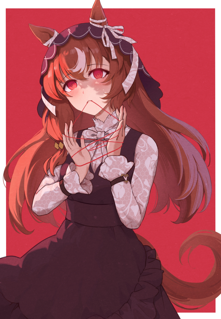 1girl, animal_ears, black_dress, black_veil, bow, brown_hair, commentary, dress