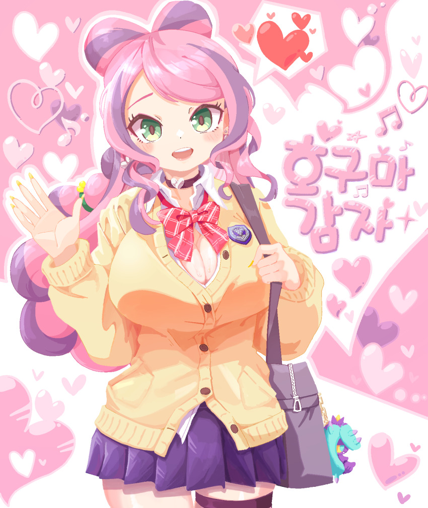 1girl, bow, breasts, cardigan, choker, cleavage, commentary_request, commission