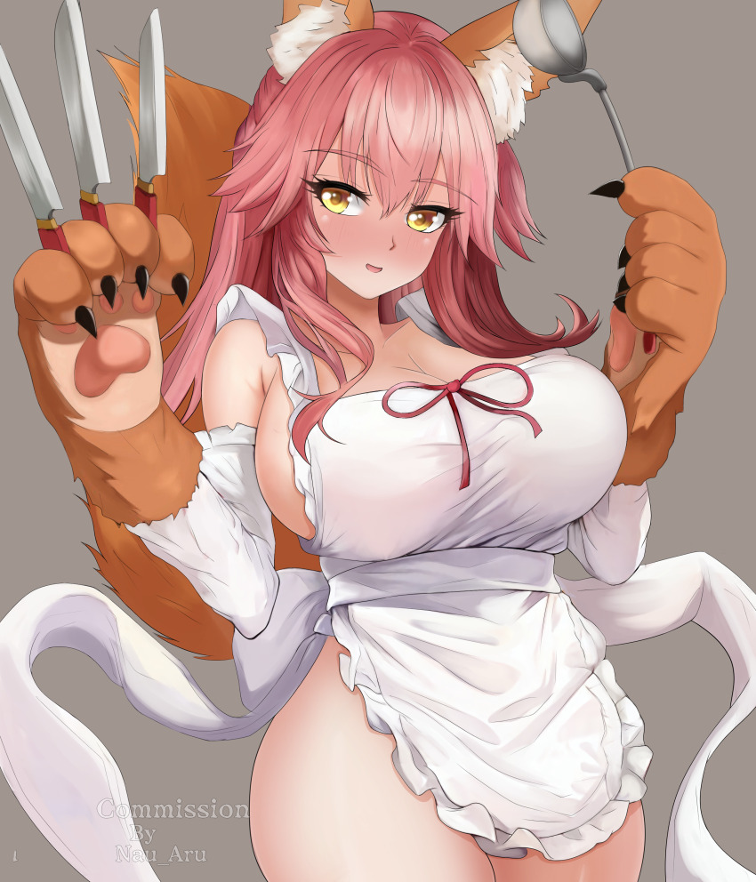 1girl, absurdres, animal_ear_fluff, animal_ears, animal_hands, apron, breasts, cleavage