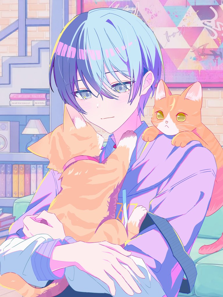 1boy, 1other, animal, aoyagi_touya, blue_hair, cat, closed_mouth, collar