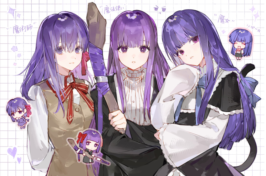 4girls, ^_^, black_robe, blue_bow, blue_bowtie, bow, bowtie, bright_pupils, brown_vest, cat_tail, chibi, chibi_inset, chinese_commentary, closed_eyes, closed_mouth, collared_shirt, color_connection, commentary_request, crossover, eye_color_connection, fate/stay_night, fate/zero, fate_(series), female_focus, fern_(sousou_no_frieren), frederica_bernkastel, furude_rika, grid_background, hair_bow, hair_color_connection, hair_ribbon, heart, highres, higurashi_no_naku_koro_ni, holding, holding_staff, homurabara_academy_school_uniform, in-franchise_crossover, long_hair, looking_at_viewer, mage_staff, matching_hair/eyes, matou_sakura, multiple_crossover, multiple_girls, neck_ribbon, purple_eyes, purple_hair, purple_ribbon, red_bow, red_ribbon, ribbon, robe, school_uniform, shirt, sleeves_past_fingers, sleeves_past_wrists, sousou_no_frieren, sparkle, staff, tail, trait_connection, translated, umineko_no_naku_koro_ni, upper_body, vest, white_shirt, yoru_(yorusumire)