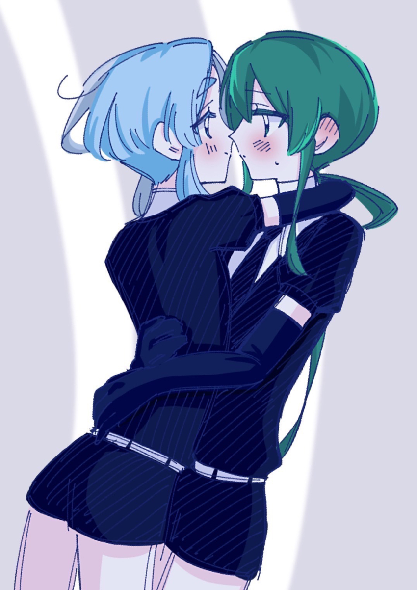 2others, androgynous, arm_around_neck, belt, black_gloves, black_necktie, black_shorts, blue_eyes