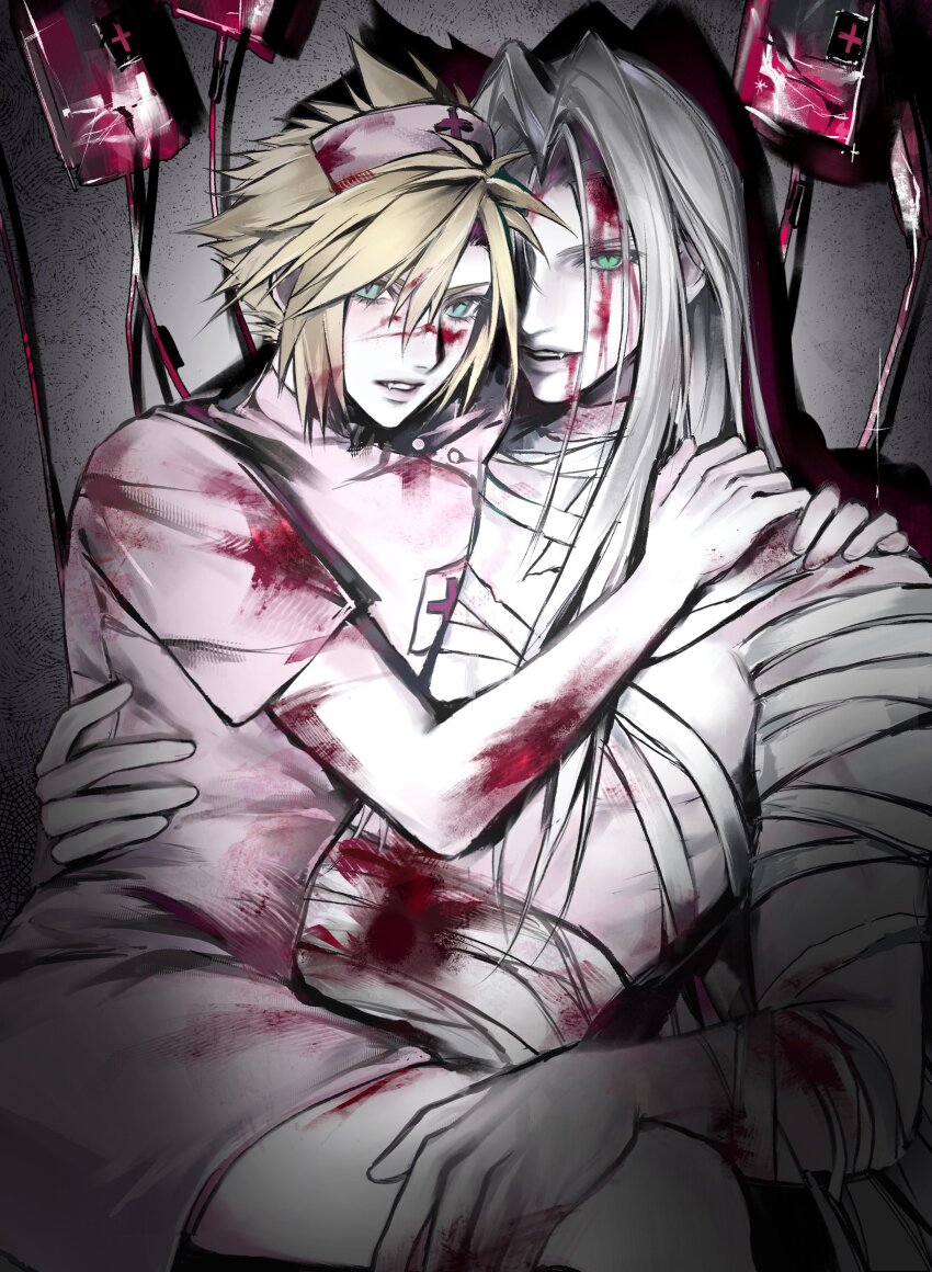 2boys, 3_3lecho, absurdres, alternate_costume, bandaged_arm, bandaged_neck, bandaged_torso, bandages