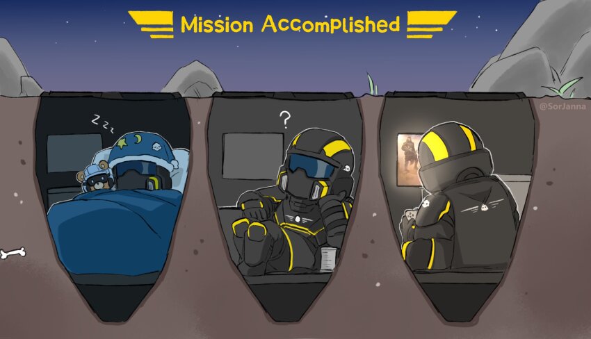 3boys, ?, artist_name, bed, bone, bulletproof_vest, cape, chibi