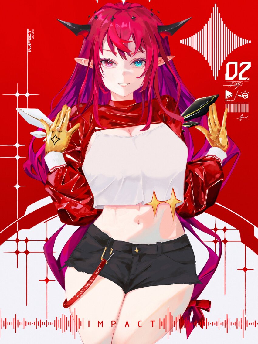 1girl, absurdres, asymmetrical_wings, ayavi, black_horns, black_shorts, black_wings, breasts