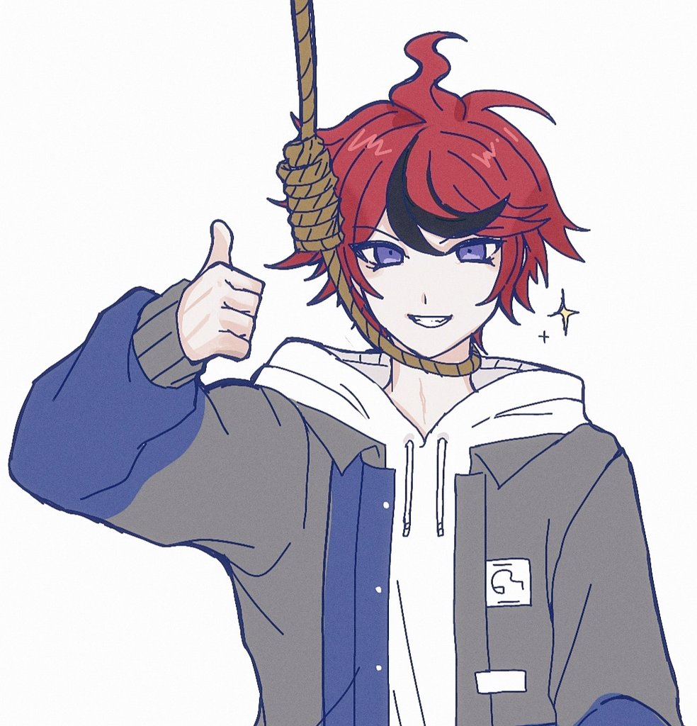 1boy, ahoge, black_streaks, blue_jacket, commentary_request, drawstring, grey_jacket, grin, hood, hoodie, implied_suicide, jacket, jacket_over_hoodie, looking_at_viewer, male_focus, multicolored_hair, multicolored_jacket, noose, open_clothes, open_jacket, purple_eyes, red_hair, shi_gu_(sigu_69), short_hair, smile, solo, sparkle, streaked_hair, sumino_takumi, the_hundred_line_-last_defense_academy-, thumbs_up, two-tone_hair, two-tone_jacket, upper_body, white_background, white_hoodie