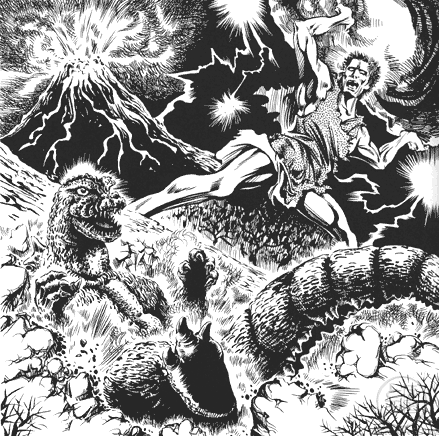 1boy, benedict_pictures_corporation, boulder, claws, crossover, dead_tree, dinosaur, dust, electricity, energy, eruption, fangs, forest, frankenstein, frankenstein's_monster, frankenstein_(frankenstein_vs._baragon), frankenstein_vs._baragon, frankenstein_vs._godzilla, giant, giant_monster, godzilla, godzilla_(series), hariken_ryu, holding, holding_rock, horror_(theme), kaijin, kaiju, lava, lifting_object, lightning, monochrome, monster, monster_boy, mothra_vs._godzilla, muscular, muscular_arms, muscular_legs, muscular_male, nature, open_mouth, rock, sharp_teeth, smoke, spikes, tail, teeth, toga, toho, tongue, tree, undead, unmade_project, volcano, weapon