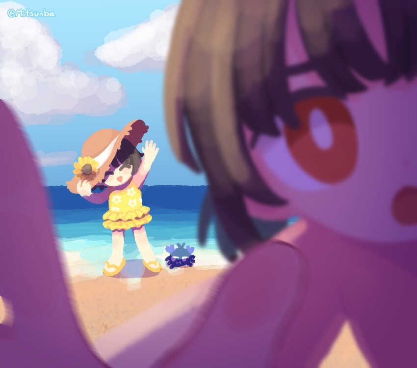 1boy, 1girl, :d, aged_down, beach, blurry, blurry_foreground, brother_and_sister