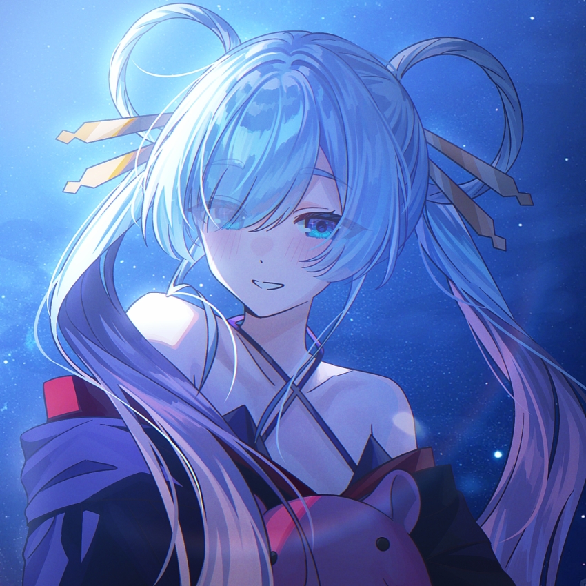 1girl, bare_shoulders, blue_background, blue_eyes, chinese_commentary, cho_kaguya-hime!, commentary_request, eyes_visible_through_hair