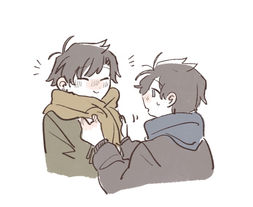 2boys, adjusting_another's_clothes, akinashi_haru, akinashi_natsuki, black_hair, black_jacket, blue_scarf, blush
