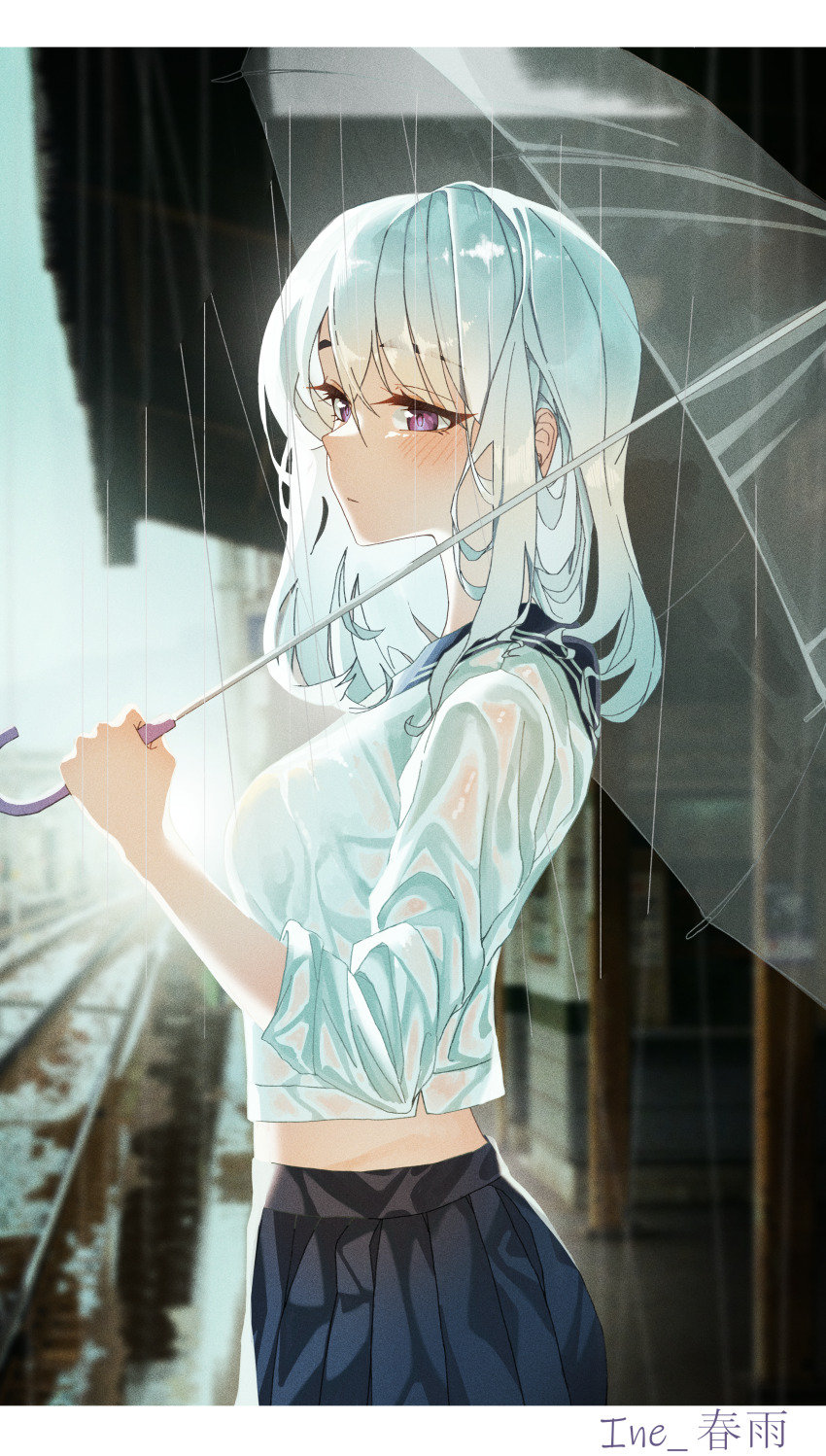 1girl, absurdres, blue_skirt, blurry, blurry_background, blush, border, closed_mouth