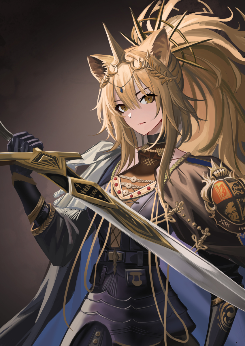 1girl, absurdres, animal_ear_fluff, animal_ears, arknights, armor, black_cloak, black_gloves
