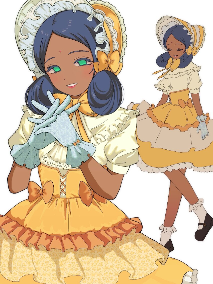 1girl, alternate_costume, ascot, bindi, black_hair, black_shoes, bonnet, bow, closed_eyes, commentary_request, dark-skinned_female, dark_skin, double_bun, dress, frilled_bonnet, frilled_dress, frilled_shirt_collar, frilled_socks, frills, gloves, green_eyes, gundam, hair_bun, head_tilt, highres, interlocked_fingers, lace, lace-trimmed_ascot, lace_gloves, lalah_sune, lolita_fashion, looking_at_viewer, makuramoto_(5ma6gicha), mary_janes, mobile_suit_gundam, no_pupils, pink_lips, projected_inset, puffy_short_sleeves, puffy_sleeves, shoes, short_hair, short_sleeves, simple_background, smile, socks, solo, white_ascot, white_background, white_gloves, white_socks, yellow_bonnet, yellow_bow, yellow_dress
