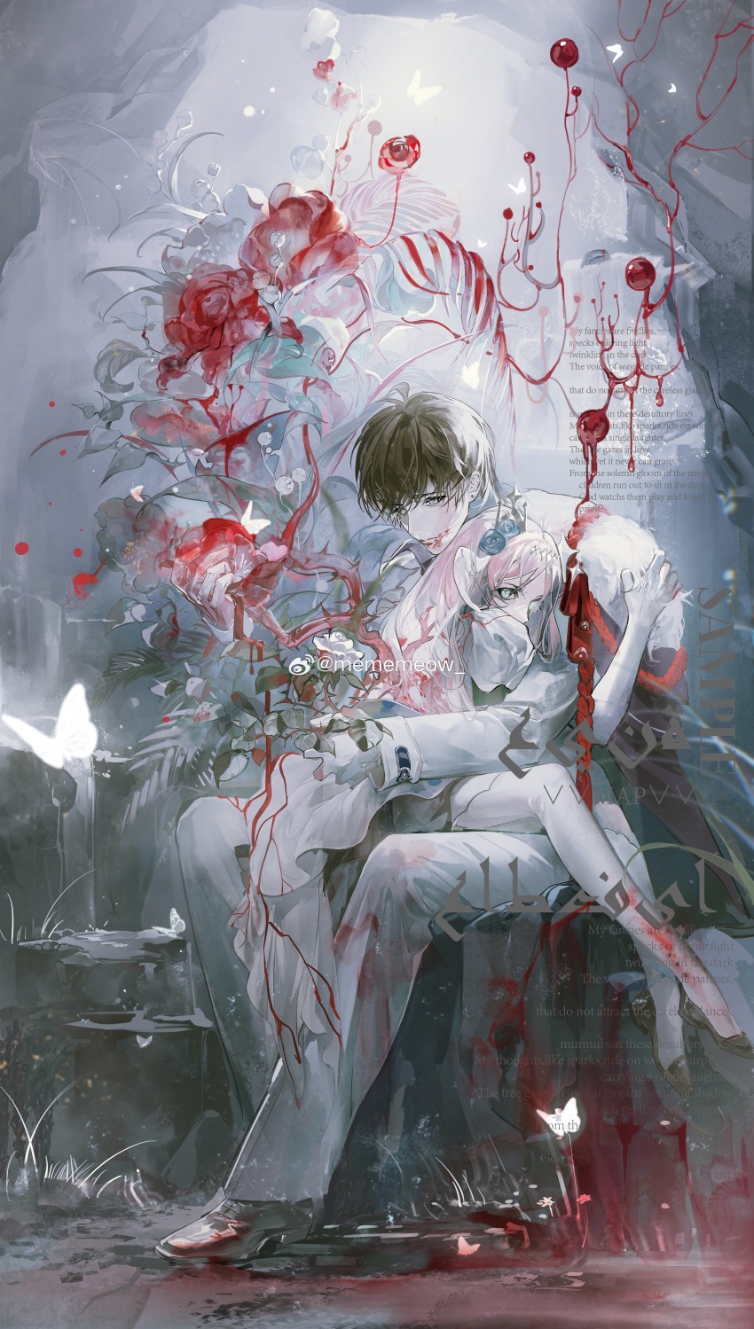 1boy, 1girl, absurdres, ahoge, aiguillette, bai_qi_(love_and_producer), blood, blood_on_clothes, blood_on_face, blood_on_flower, blood_on_hands, blood_vessels, blue_flower, blue_rose, brown_cape, brown_eyes, brown_hair, brown_shoes, bug, butterfly, cape, cave, cave_interior, closed_mouth, commentary, covered_mouth, dress, earrings, english_text, expressionless, feathered_wings, flats, flower, full_body, fur-trimmed_cape, fur_trim, glaring, gloves, grass, green_eyes, hair_between_eyes, hair_flower, hair_ornament, head_wings, highres, holding, holding_flower, hug, insect, jacket, jewelry, leaf, long_hair, long_sleeves, looking_at_another, looking_at_viewer, looking_to_the_side, love_and_producer, mai_chuan, oc_x_canon, orb, original, oxfords, pants, parted_bangs, pink_hair, plant, plant_growth, puffy_sleeves, rock, rose, shoes, short_hair, sideways_glance, sitting, sitting_on_lap, sitting_on_person, sleeve_cuffs, stud_earrings, untranslatable_commentary, thighhighs, thorns, tiara, vines, water, watermark, weibo_watermark, white_butterfly, white_dress, white_flower, white_gloves, white_jacket, white_pants, white_rose, white_thighhighs, white_wings, wings