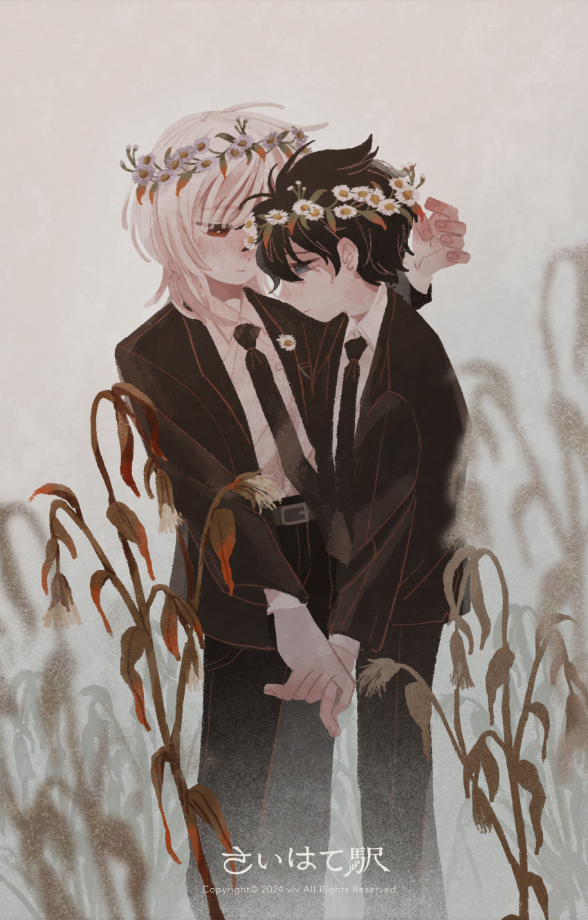 2boys, absurdres, akinashi_haru, black_hair, black_jacket, black_necktie, black_pants, black_suit